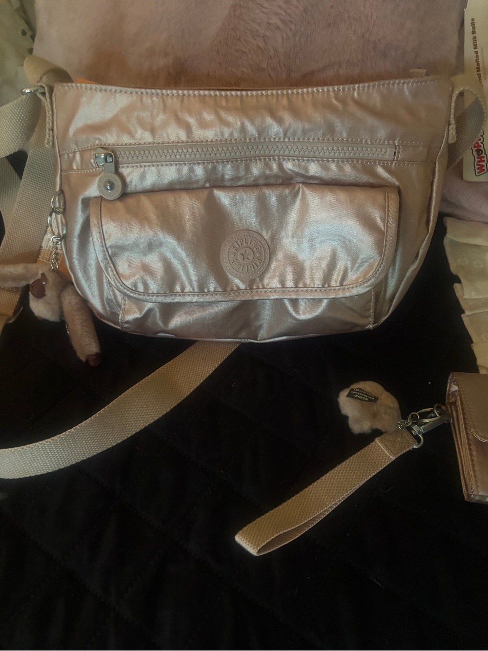 Kipling Metallic Rose Gold Nylon Crossbody Bag with Ollie Monkey Keychain